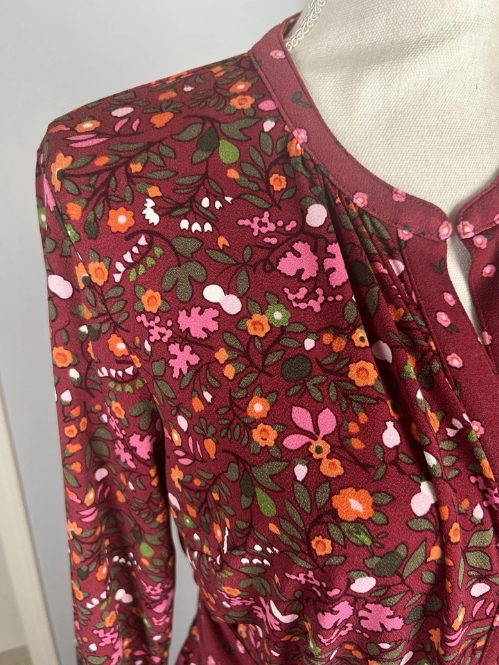 Vestido Talbots outono floral com cinto tamanho pequeno manga longa laranja cranberry contraste - Imagem 4 de 4