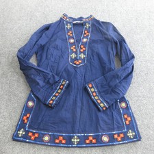 Tory Burch Blouse Womens 4 Blue Embroidered Beaded Sequin Tunic Top Geometric