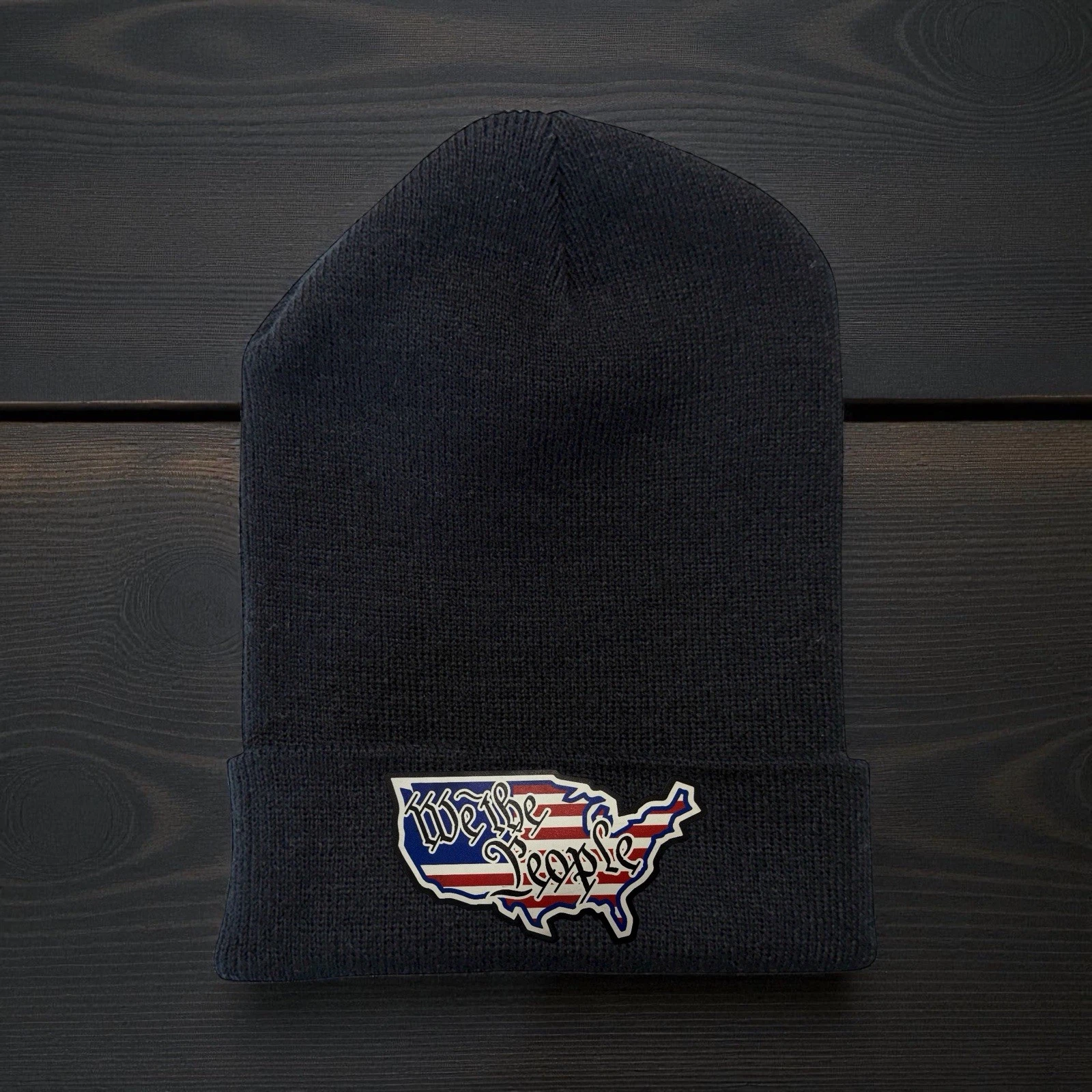 We The People Patch Black Beanie with UV Printed USA Flag In Shape Of USA Patch
