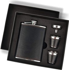 Hip Flask Gift Set, Hip Flasks for Liquor for Men with Black Leather Cover, 8 Oz