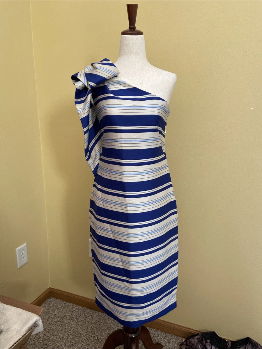 banana republic one shoulder striped dress Banana Republic One Shoulder Dress Womens Sz 2 Blue Ivory Stripe Bow Sheath