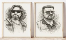 THE BIG LEBOWSKI SET OF 2 PRINTS – THE DUDE & WALTER PORTRAIT SKETCH DRAWINGS