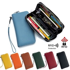 Genuine Leather RFID Womens Long Wallet Phone Clutch Handbag Purse with Wristlet