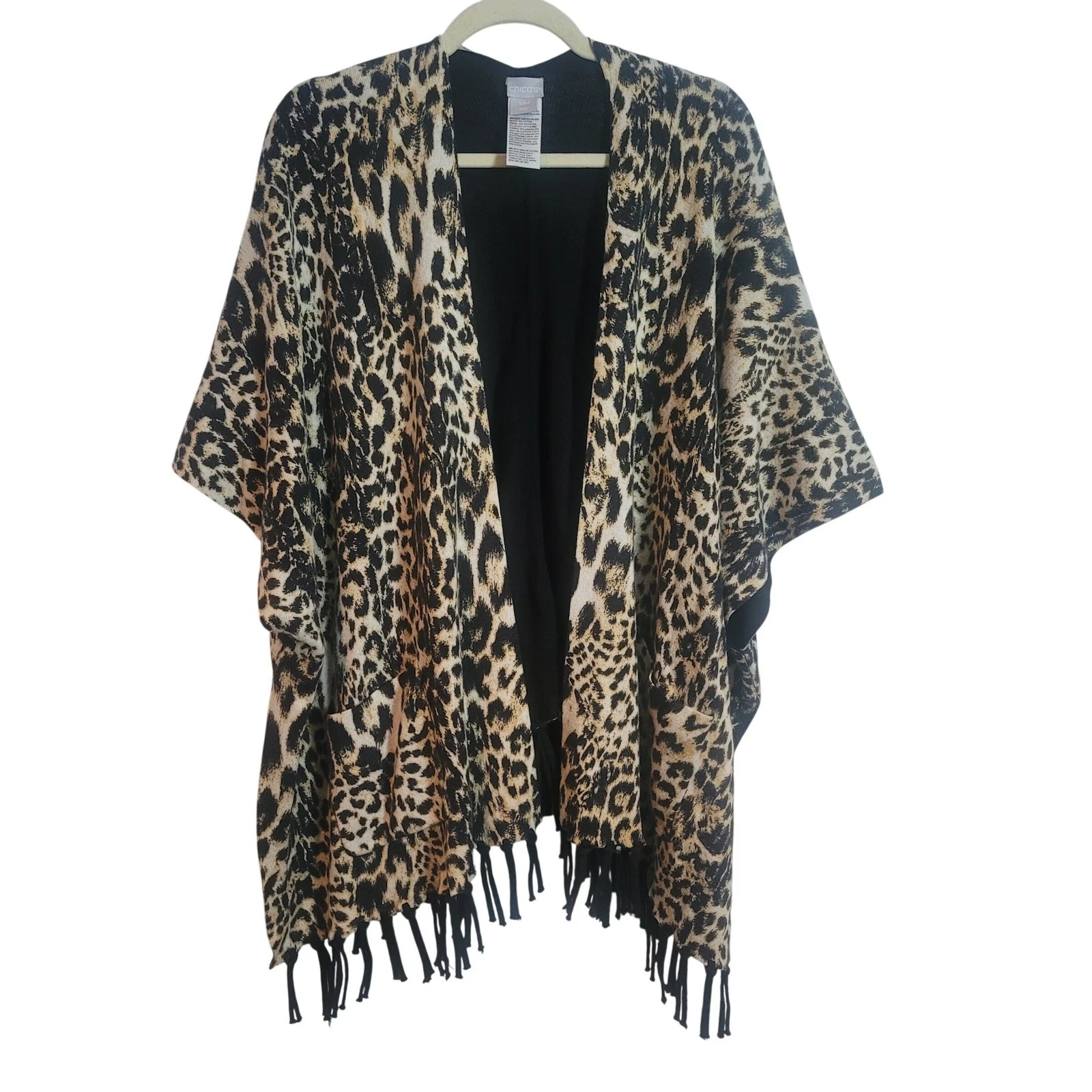 Chicos Leopard Print Open Front Knit Poncho Wrap Fringe Pockets Tan Black S/M