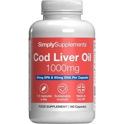 SIMPLY SUPPLEMENTS Cod Liver Oil Capsules 1000mg | 180 High Strength Caps