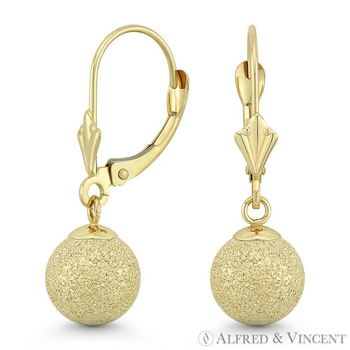 Matt Satin-Oberfläche hohler Ball 14k Gelbgold hängende Drop Leverback Ohrringe - Bild 5 von 5