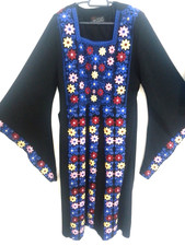 Traditional Embroidered Tatreez Thobe Black Floral Maxi Ethnic Boho Handmade