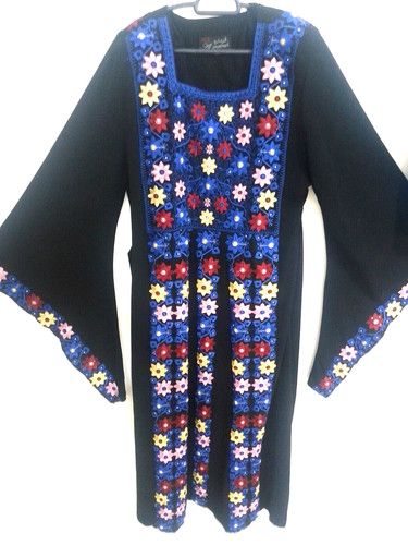 Traditional Embroidered Tatreez Thobe Black Floral Maxi Ethnic Boho Handmade