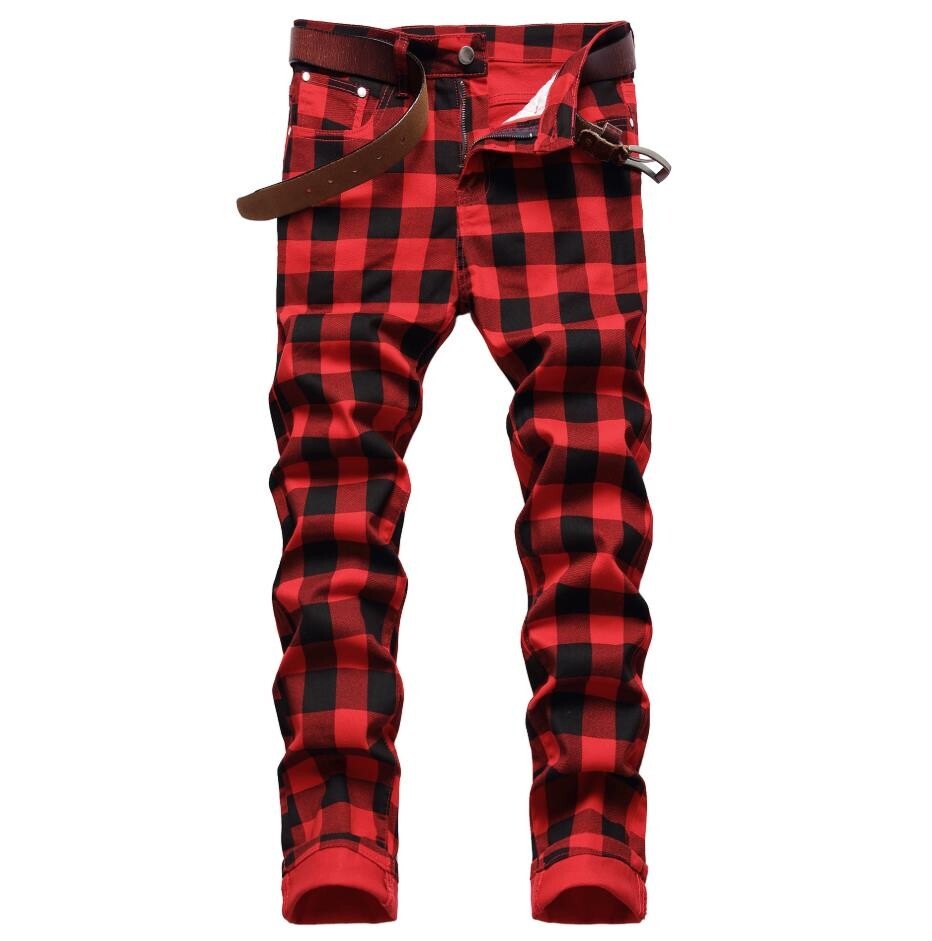 Men's Red Black Plaid Cotton Blend Straight Leg Slim Pants Trousers Stretch  New