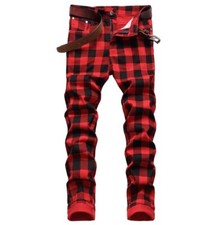 Men's Red Black Plaid Cotton Blend Straight Leg Slim Pants Trousers Stretch New