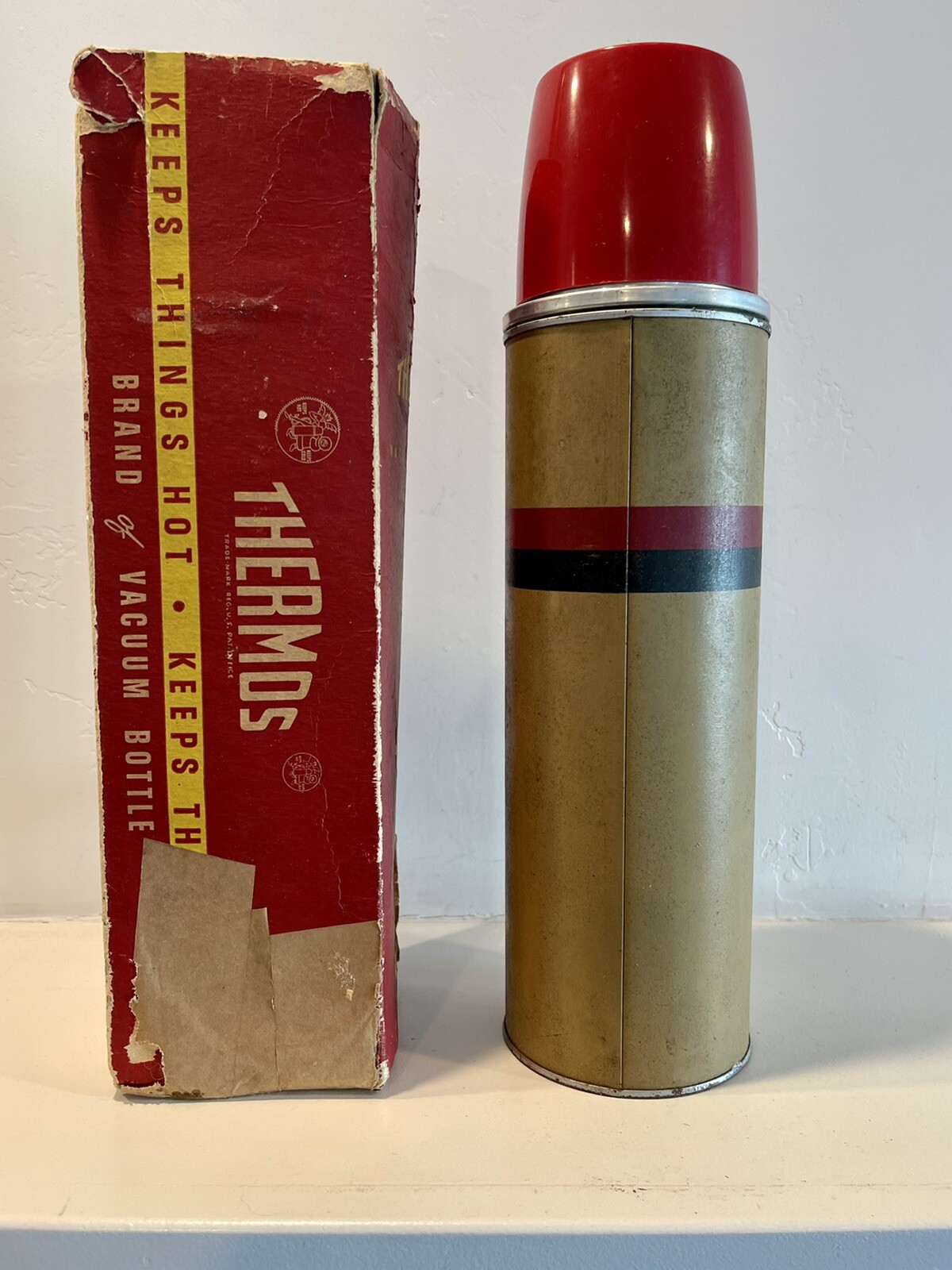 American Thermos Bottle Co With Cork Stopper Red Tan Aluminum Vintage F