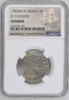 1782 El Cazador Shipwreck 2 Reales NGC Genuine Mexico Silver Coin