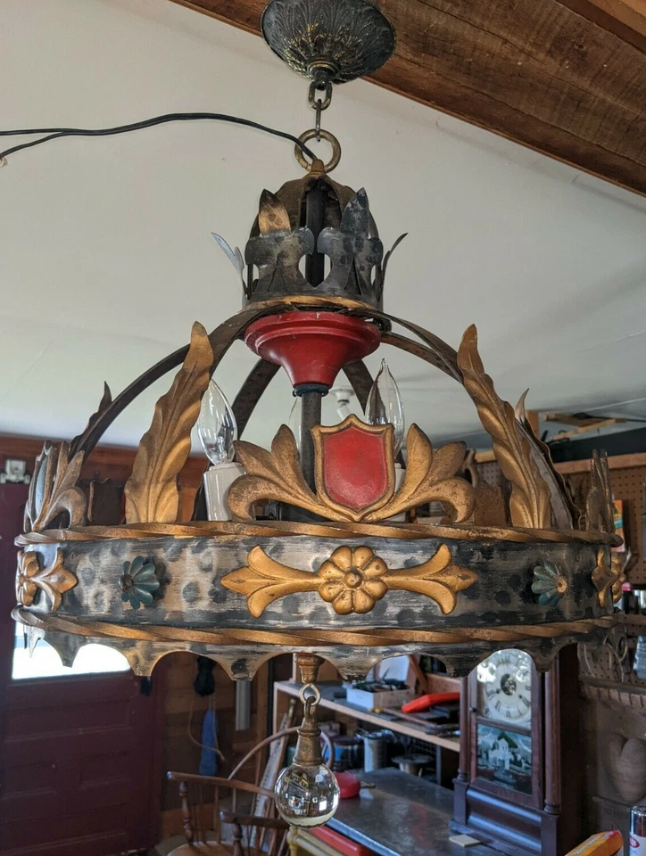 Антикварная полихромная чугунная люстра Arts Crafts Mission 3 лампы рабочая - Изображение 3 из 4