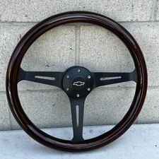 14 Black Steering Wheel With Wood Grip And Official Chevy Horn Button - 6 Hole 14 Black Steering Wheel With Wood Grip And Official Chevy Horn Button - 6 Hole