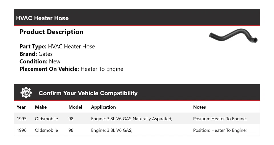 Para Oldsmobile 98 1995-1996 calentador manguera calentador a puertas del motor Foto 2 de 4