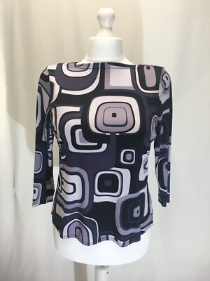 Women's Blouse UK 18 Black/White/Grey Patterned Retro 1970's Style 3/4 sleeves