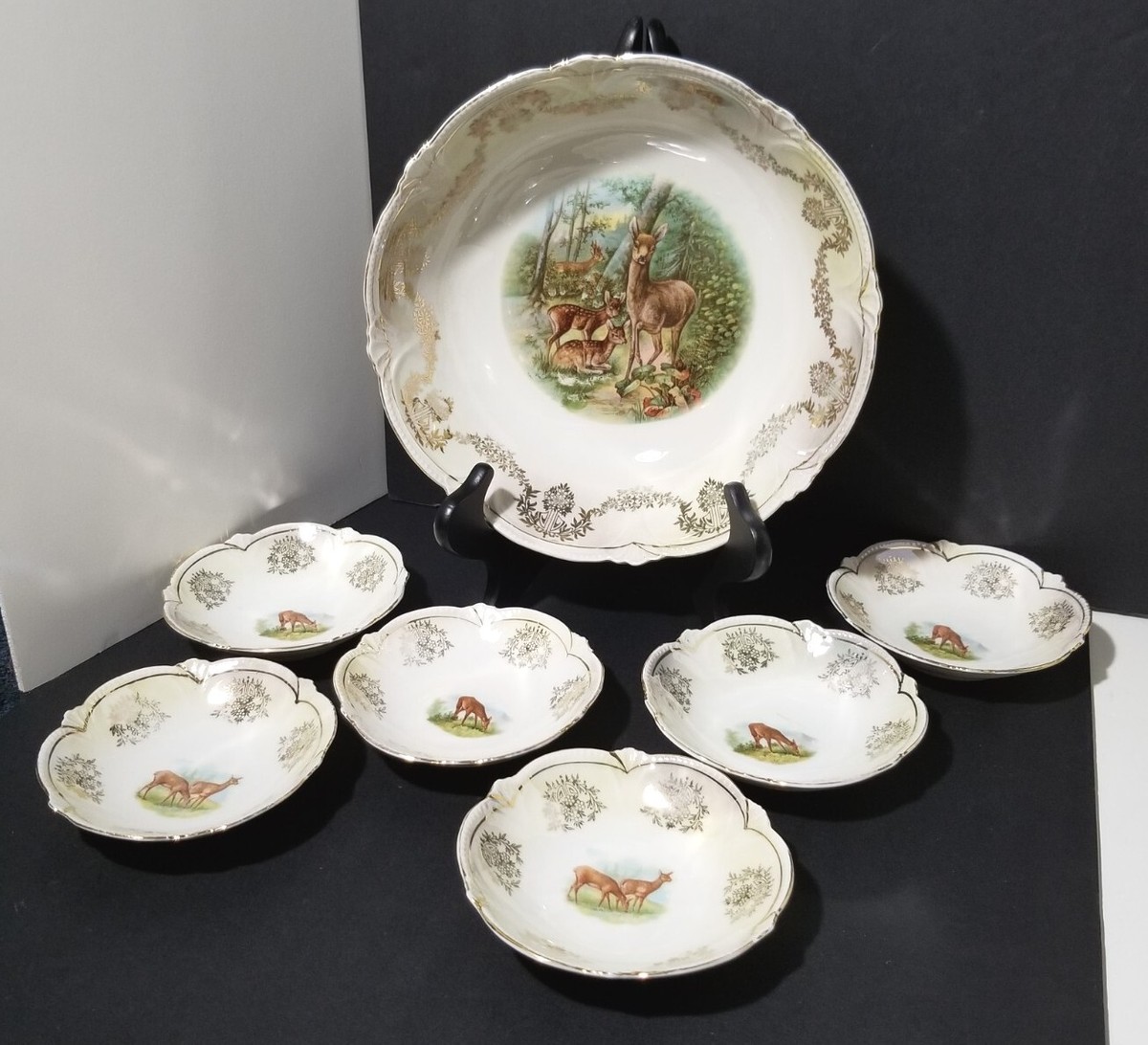 Antique German Scenic Berry Bowl Serving Set 7pc Porcelain Deer in Forest  Read