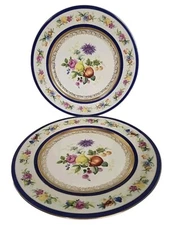 2 Rare TK Thuny Czechoslovakia Dinner Plates 10.5" Blue Gold Floral Red Clover
