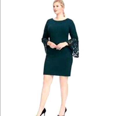 nanette lepore green lace dress NWOT Nanette Lepore Dark Green Knit Lace Bell Sleeve Dress Size 12