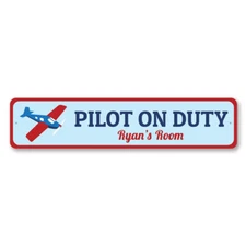 Pilot On Duty Sign, Personalized Airplane Lover Kid Bedroom Aluminum Metal Decor