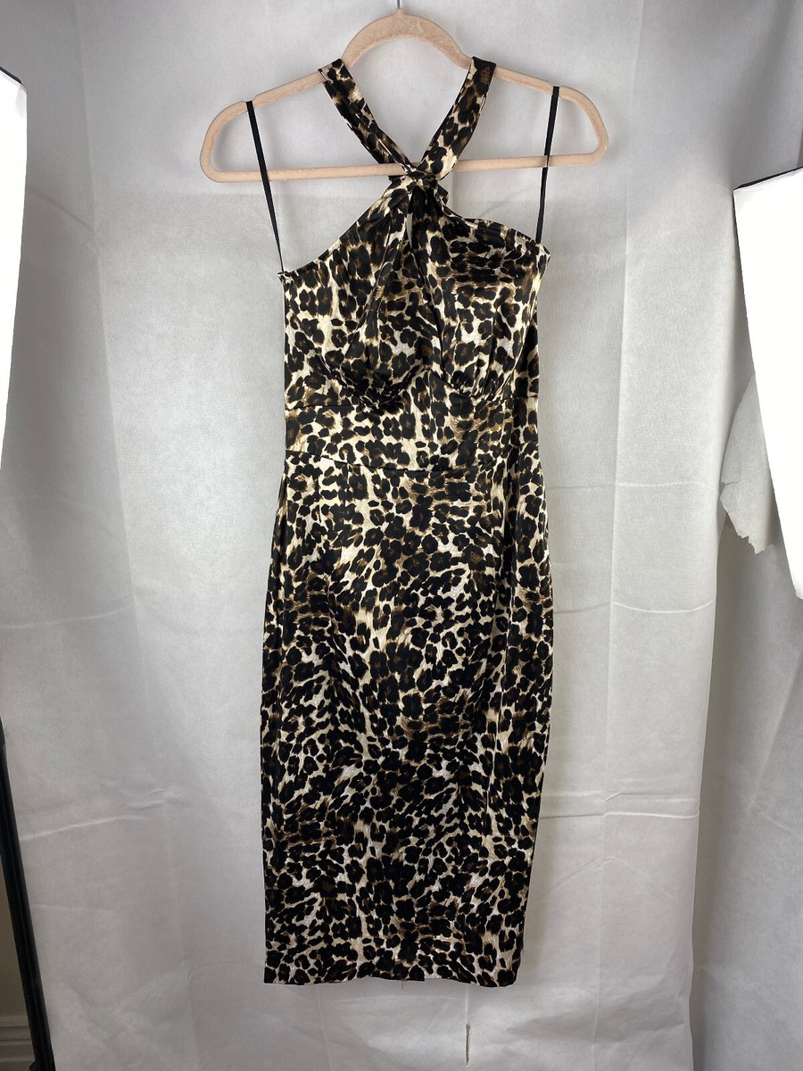 Stop Staring Dress Size M Leopard Bodycon Halter Neck Midi UK - Main Image