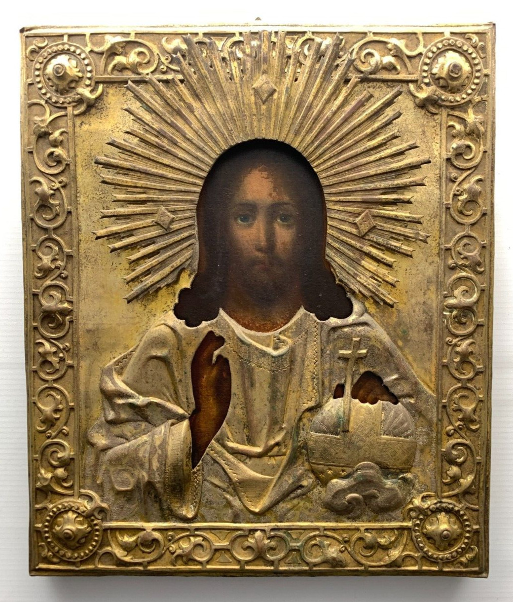 Alte Ikone Christus als Pantokrator aufwendiger Strahlen Metallbeschlag Nachlass