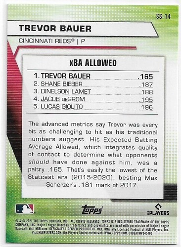2021 Topps Trevor Bauer #SS-14 Significant Statistics BLUE Parallel Reds - Picture 2 of 2