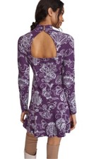 Anthropologie Maeve Knit Sweater Dress Size L Mock Neck Floral Purple Open Back