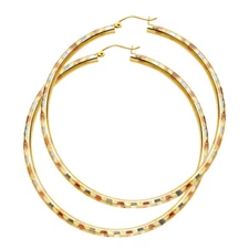 14K Tri Color Gold 3mm Thickness Diamond Cut Hoop Earrings