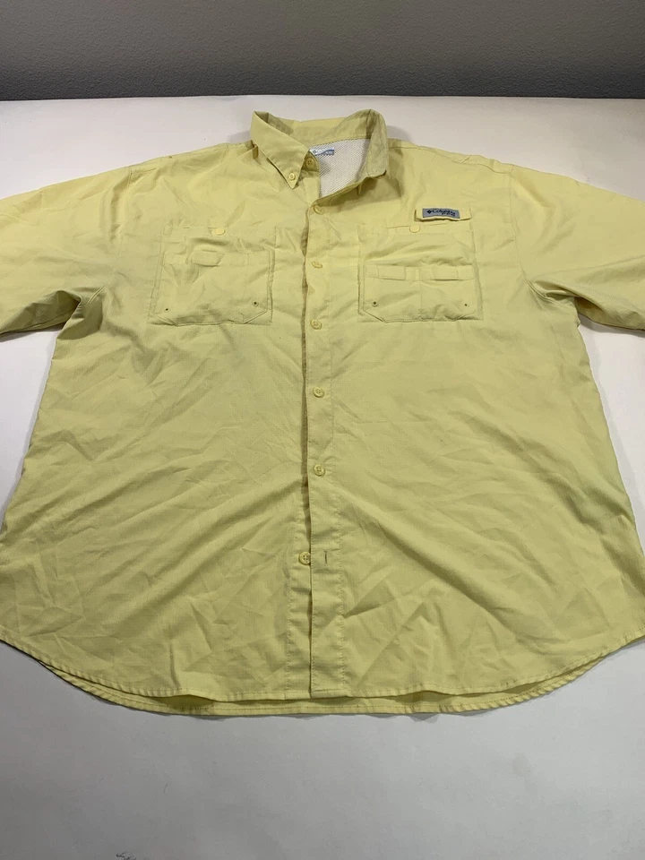 Columbia Shirt Mens XL Short Sleeve PFG Vented Outdoor Button Up Yellow - Image 2 of 4
