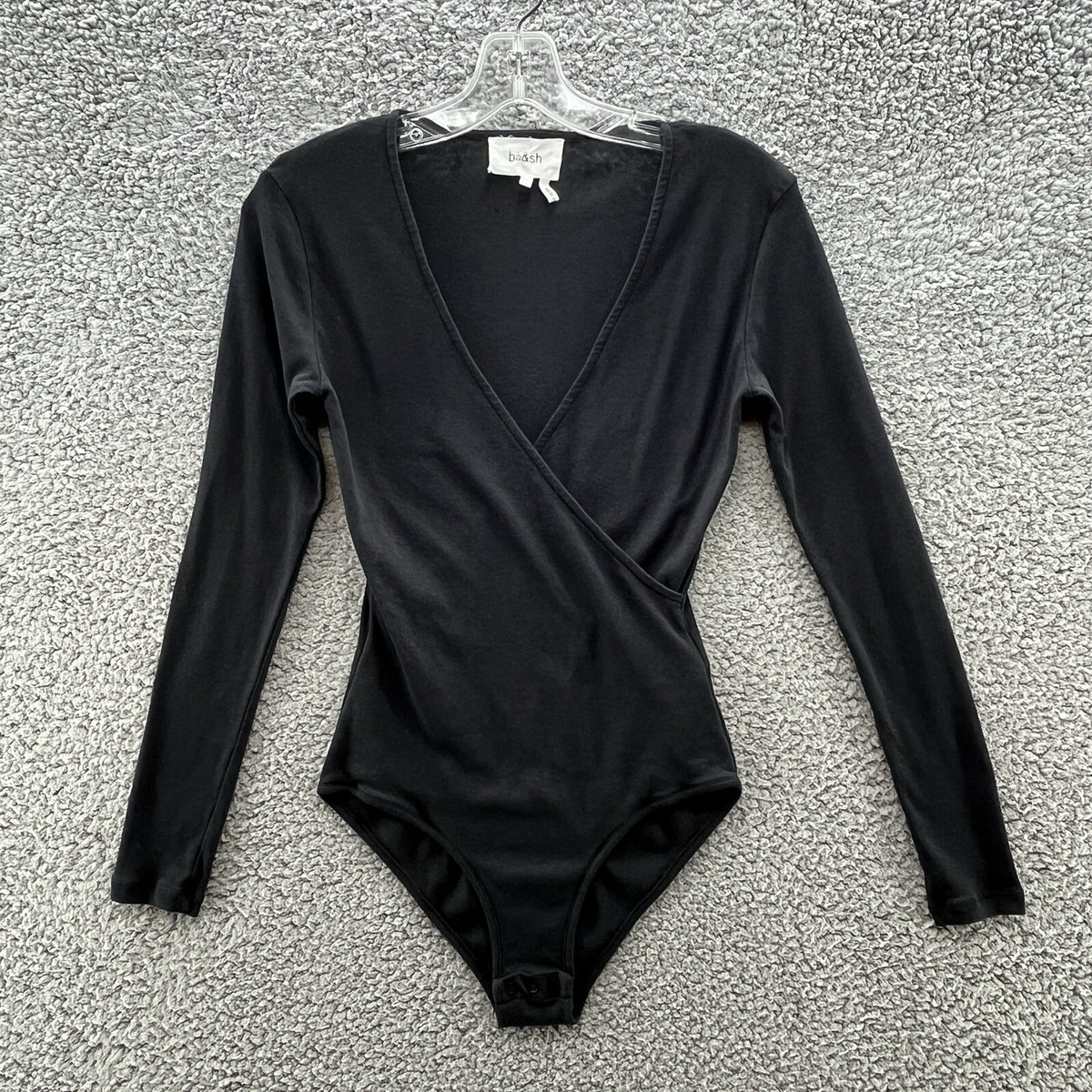 BASH Ba and Sh Bodysuit Womens Medium Black Celia V Neck Faux Wrap  Minimalist