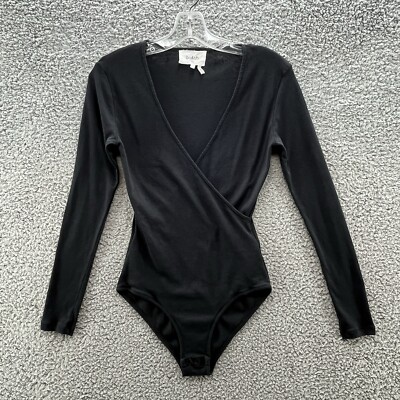 BASH Ba and Sh Bodysuit Womens Medium Black Celia V Neck Faux Wrap Minimalist