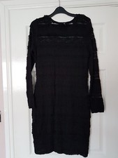 WOMANS H&M BLACK LONG SLEEVE LACE PANEL STRETCH BODYCON DRESS UK M 12 EUR 40