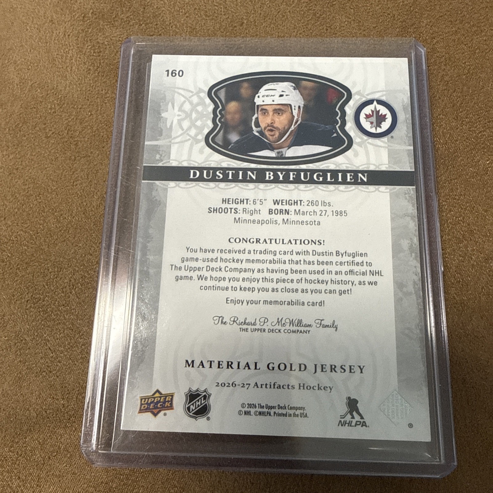 2026-27 UD Artifacts Greats Dustin Byfuglien Material Gold Dual Patch ...