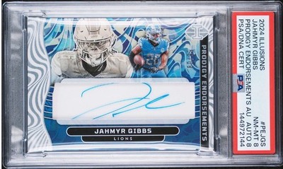 2024 Panini Illusions Jahmyr Gibbs Prodigy Endors  #80/99 Lions PSA 8 Auto 8