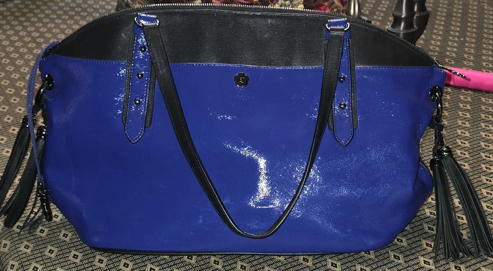 Eric Javits 纽约漆皮托特包手提包蓝色和黑色带流苏,设计师  — 第 3/4 张图片
