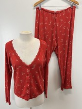 Victorias Secret 2 Pc Cotton Pajamas Womens M Red Floral Lace Trim Shirt Pants