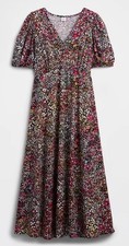 NWT Gap Puff Sleeve V-Neck Maxi Dress Tiny Floral Print Multicolor 100% Rayon XS