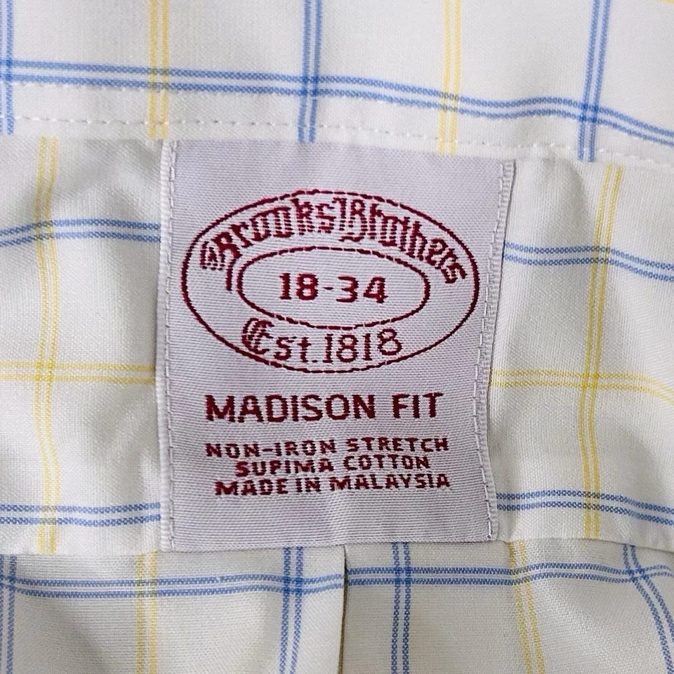 Camisa de vestir Brooks Brothers 18 34 Madison sin hierro amarillo azul algodón a cuadros Foto 3 de 4