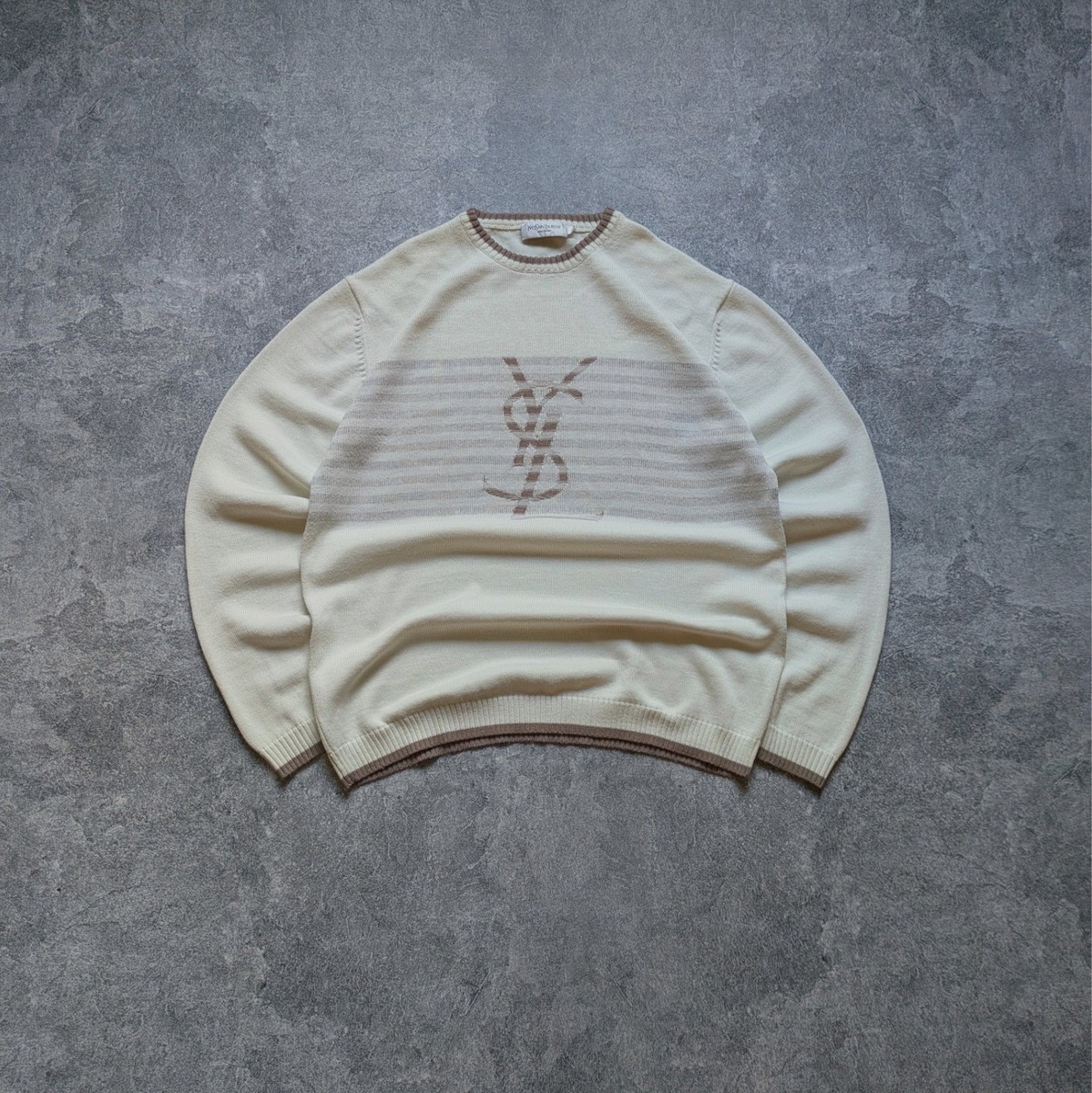 Vintage Yves Saint Laurent Ysl Big Logo Beige Striped Sweater Sz L