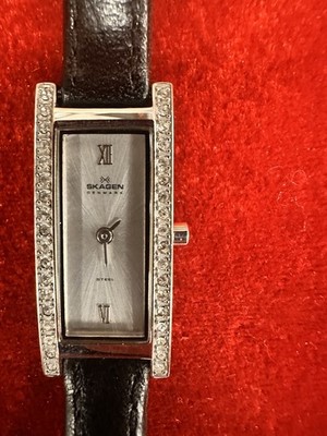 Skagen Rectangle Steel Gem-Set Analog Wristwatch Black Leather Strap Silver Dial