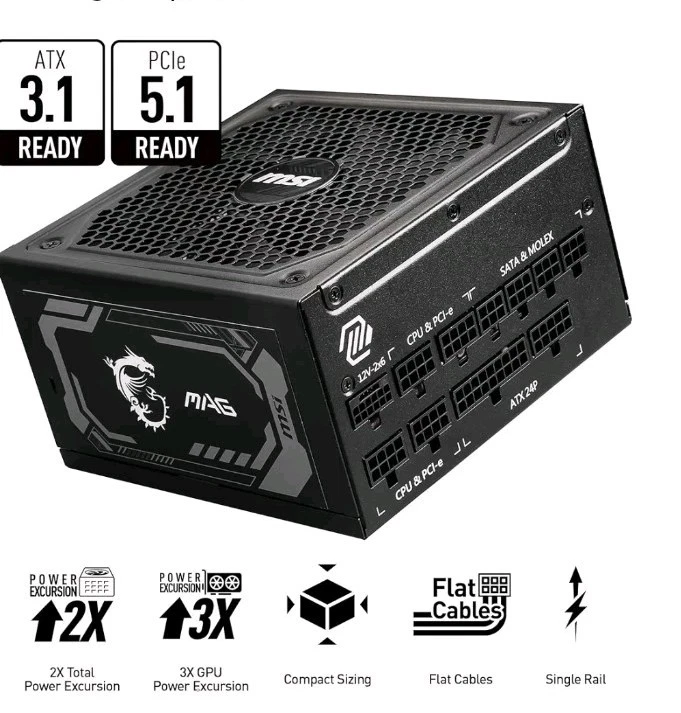 MSI MAG 1000W 80Plus Gold Internal ATX Power Supply MAGA1000GLPCIE5II - Image 2 of 4