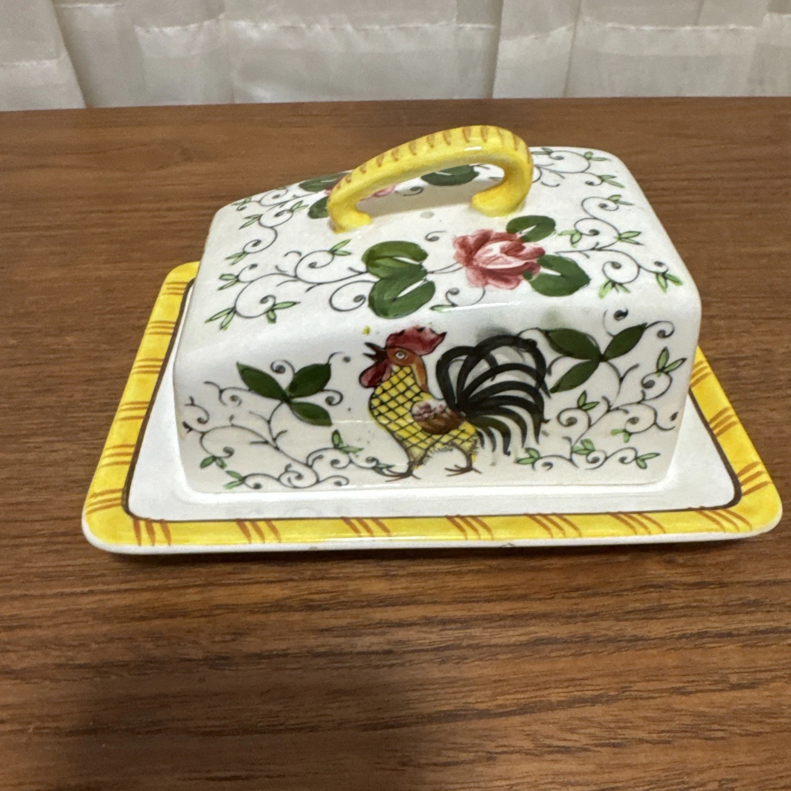 PY UCAGCO Rooster Roses Covered Cheese Keeper Butter Dish Early Provincial 1950s