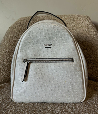 GUESS White Mini Backpack Logo Embossed Outer/Inner Pockets Zip Silver Hardware