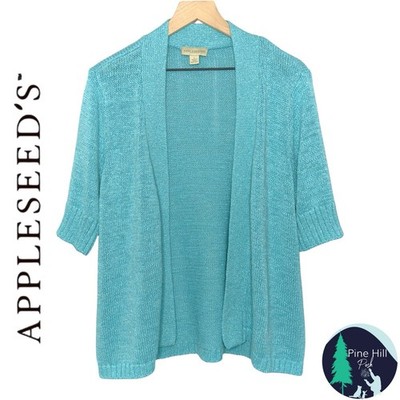 Appleseed s Short Sleeve Open Cardigan Womens L Aqua Teal Cotton Blend Sweater