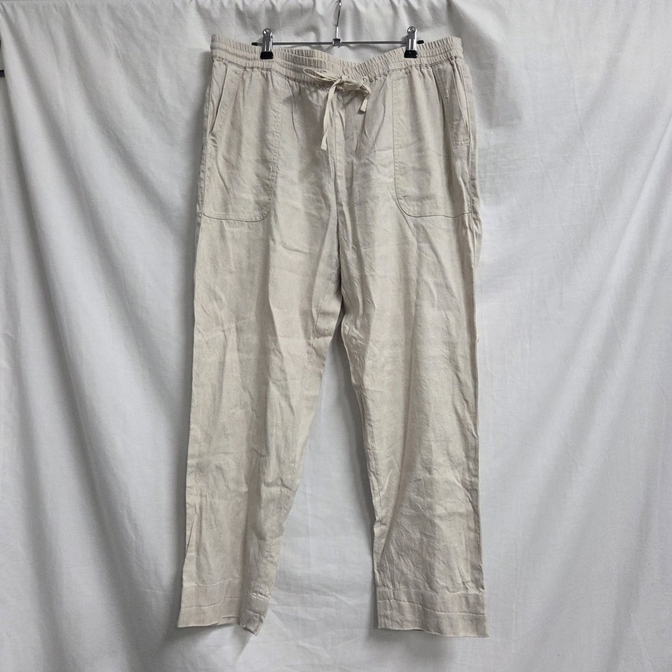 Trenery Size 16 Beige Flax Linen Cotton Blend Pants Elastic Waist High-rise