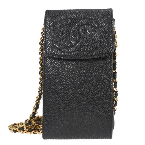 Chanel Black Calfskin Chain Shoulder Bag Pochette Phone Case 136116