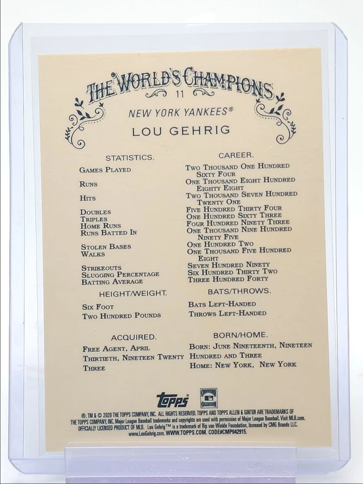 LOU GEHRIG 2020 TOPPS CHROME ALLEN & GINTER REFRACTOR YANKEES Q3329 - Image 2 of 2