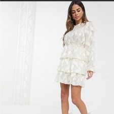 NWOT ASOS Boohoo Ivory Tiered Burnout Mini Dress Size 12 Off White Bride Wedding