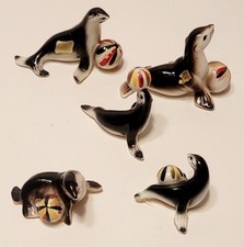 5 Bone China Circus Seals Miniature Hand Painted Seal w/ Ball Figurines